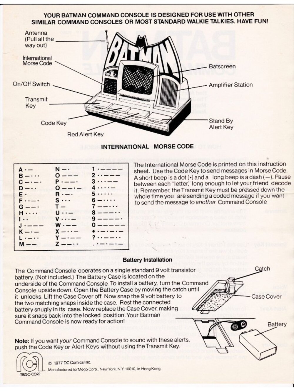 1977 Mego Batman Command Console Instruction Sheet DC Comics